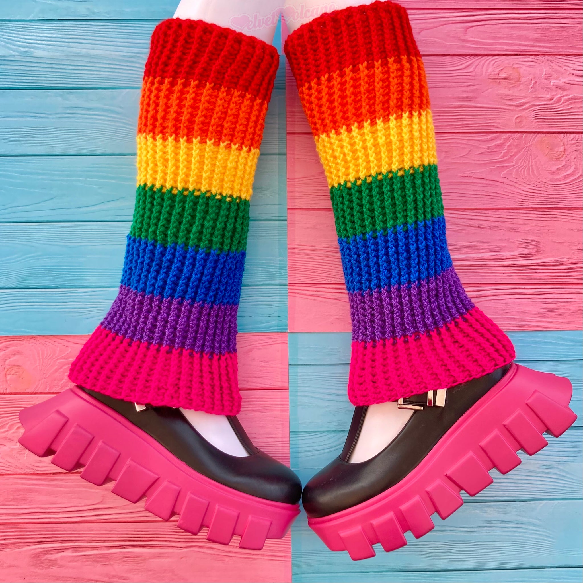 Bright Rainbow Striped Crochet Flared Leg Warmers - LGBTQ Pride by