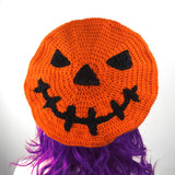 Pumpkin Beret (Custom Colour) - Orange & Black Halloween Inspired Crochet Carved Jack O'Lantern Hat by VelvetVolcano